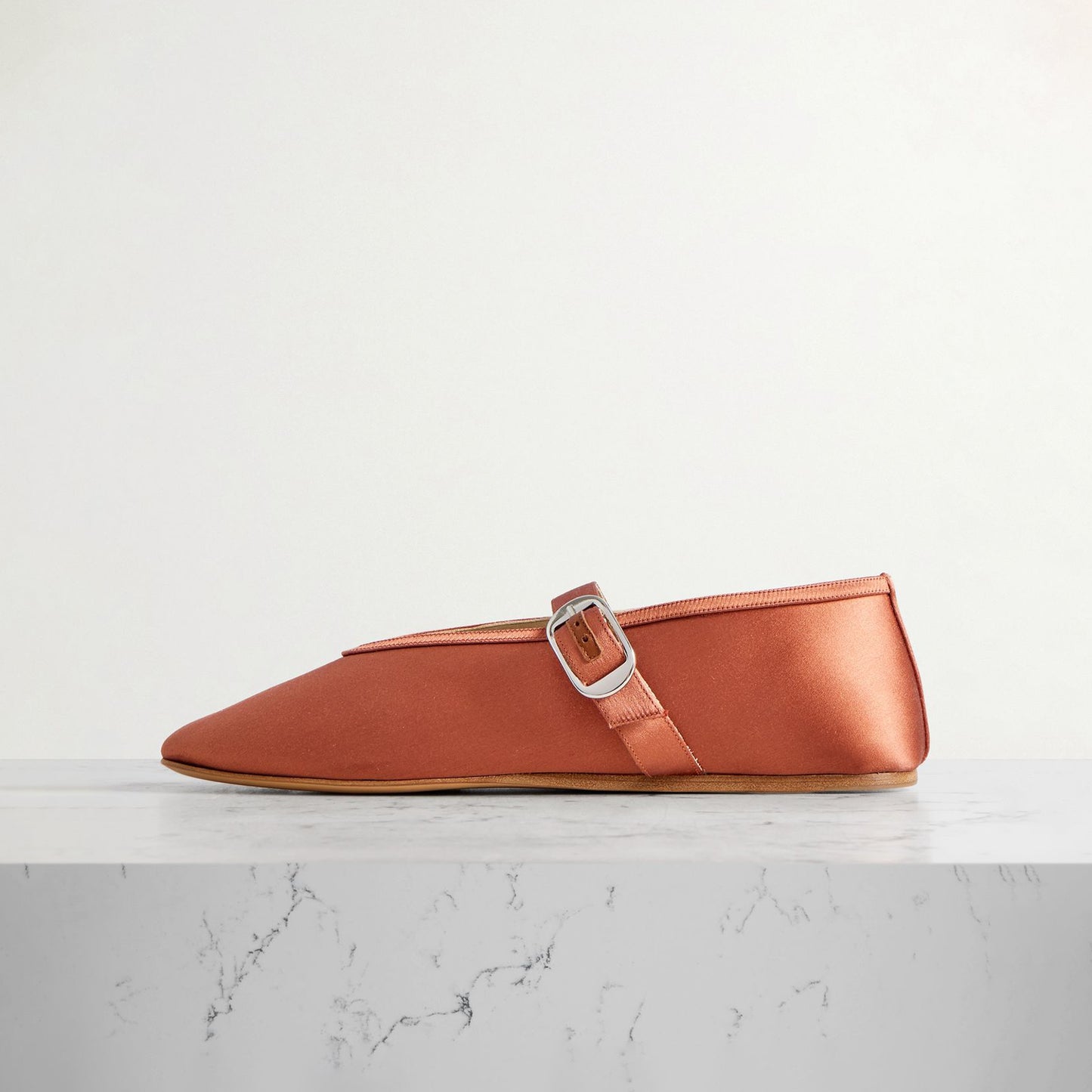 Tan Satin Square-Toe Chic Mary Jane Classic Ballet Flats
