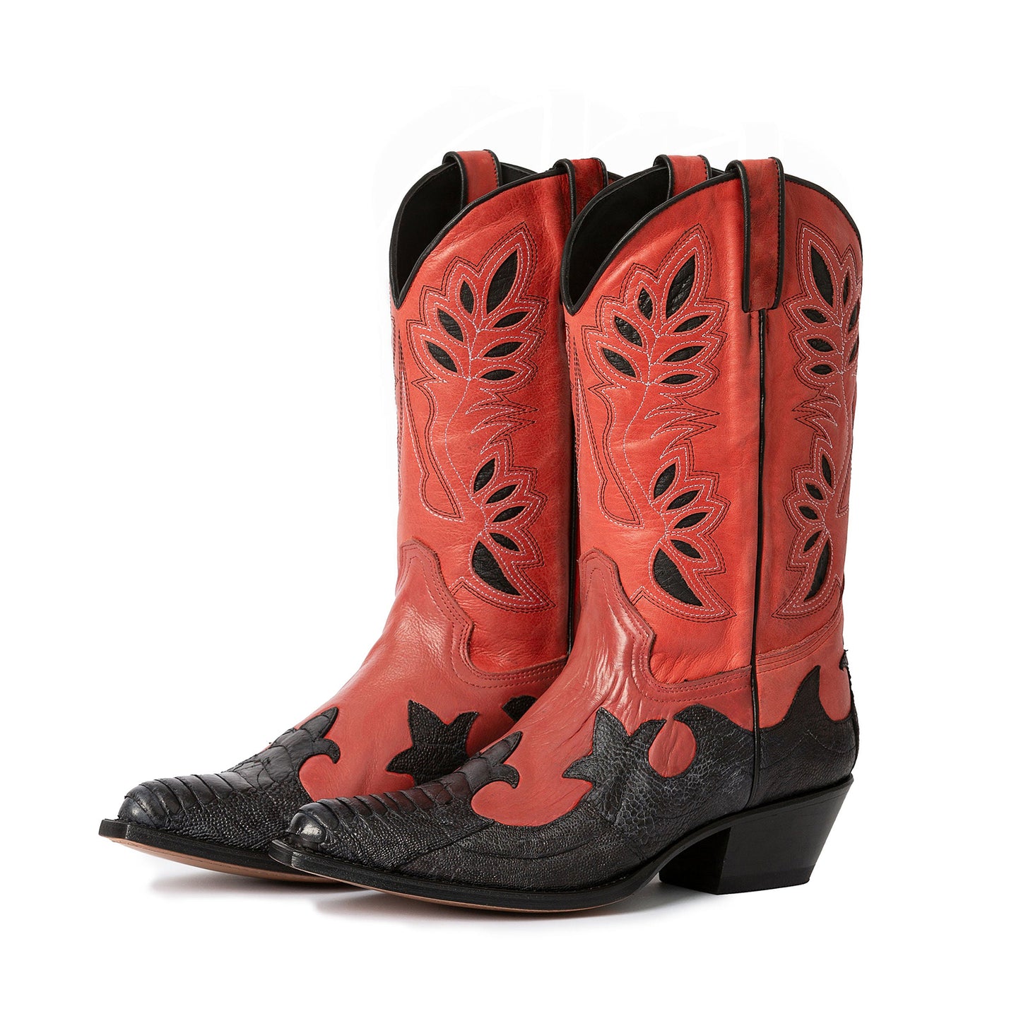 Contrast Red And Black Snakeskin Print Snip-Toe Inlays Mid Calf Cowgirl Boots