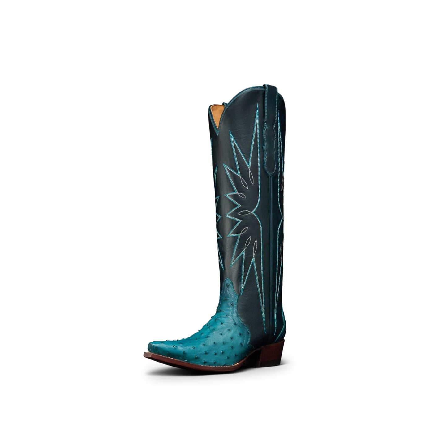 Azure Contrast Vegan Leather And Ostrich Print Snip-Toe Embroidery Wide Calf Knee High Cowgirl Boots