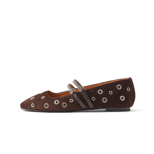 Cocoa Faux Suede Square-Toe Eyelet Double Buckle Bridge Strap Flats