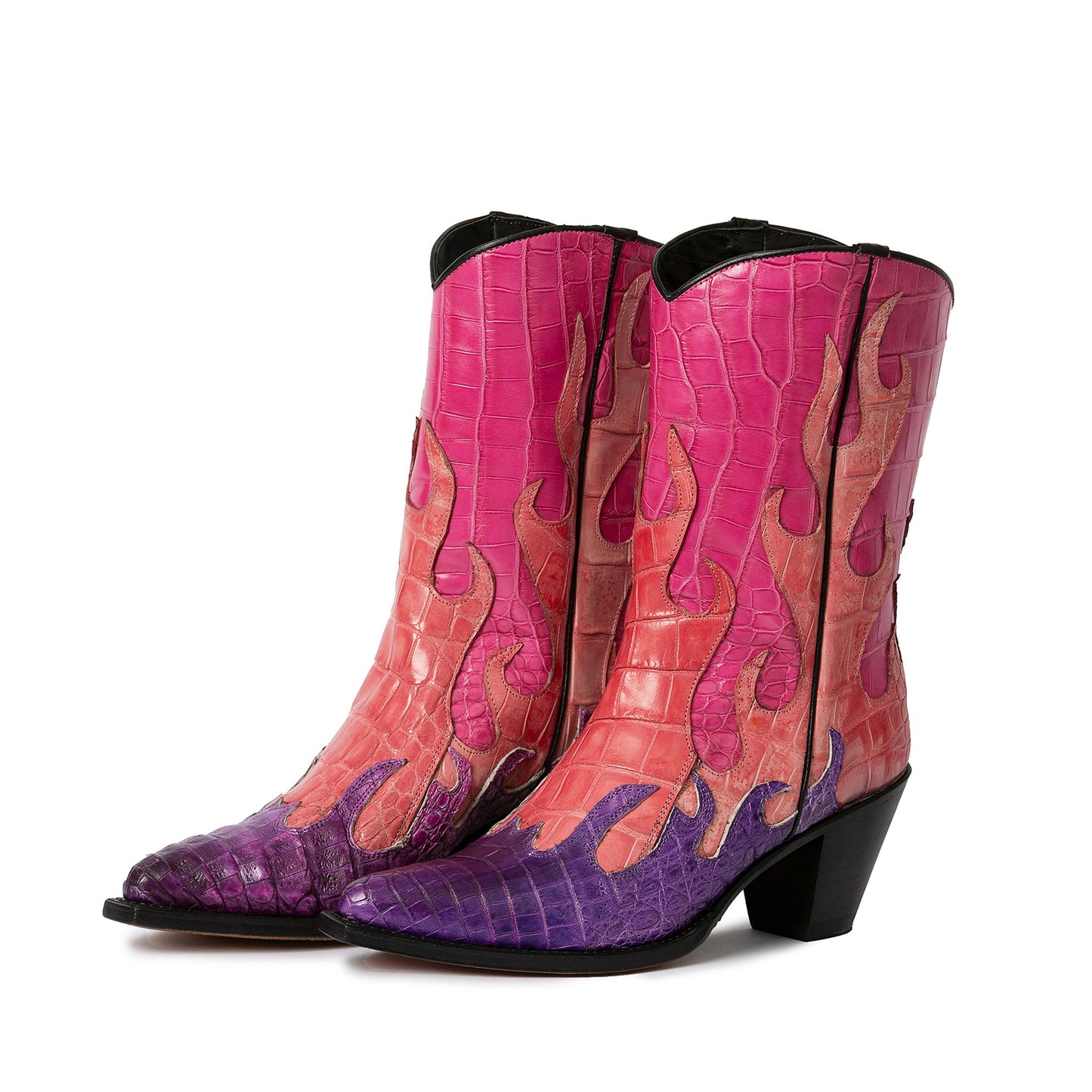 Contrast Tri-Colors Crocodile Print Pointed-Toe Flame Applique Ankle Cowgirl Boots