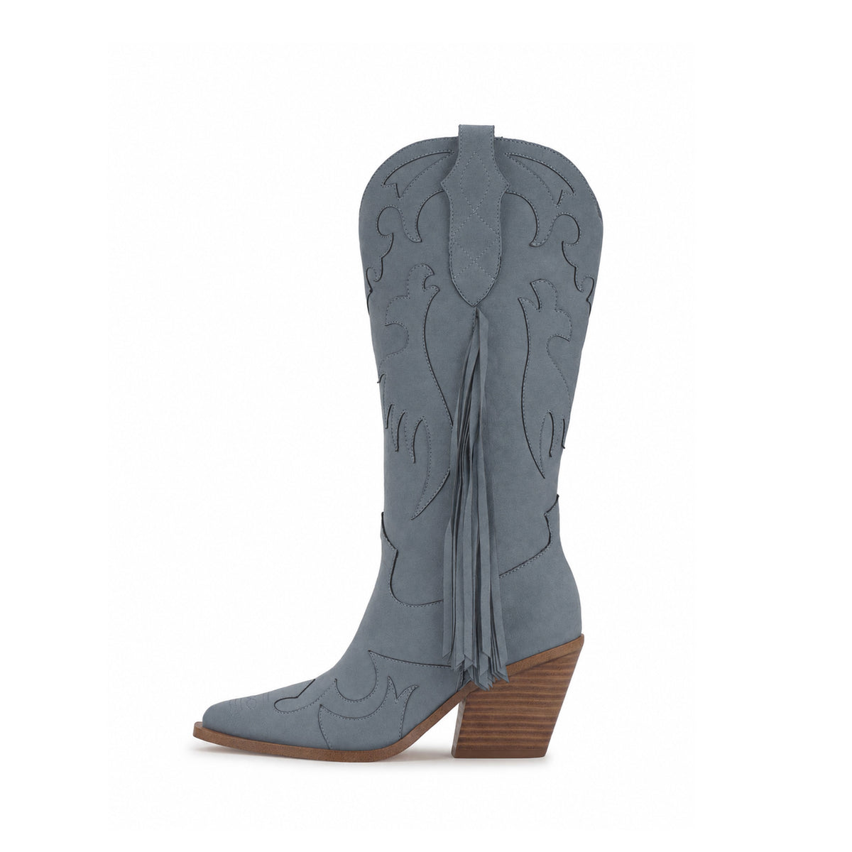Dark Blue Faux Suede Almond-Toe Applique And Side Fringe Half-Zip Knee High Cowgirl Boots