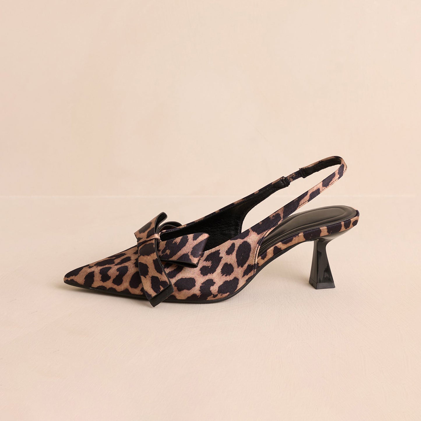 Leopard Satin Pointed-Toe Front Bow Slingback Kitten Heels