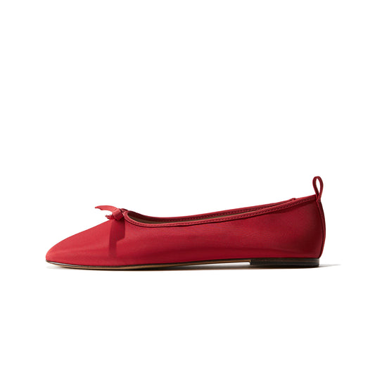 Red Satin Square-Toe Classic Ballet Flats With Front Bow