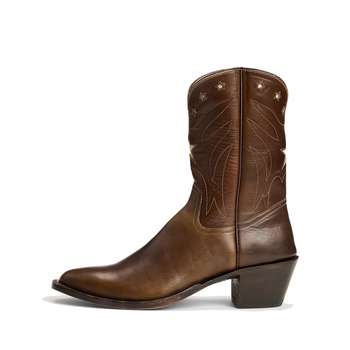 Brown Round-Toe Stitch And Stars Inlay Ankle Cowgirl Boots