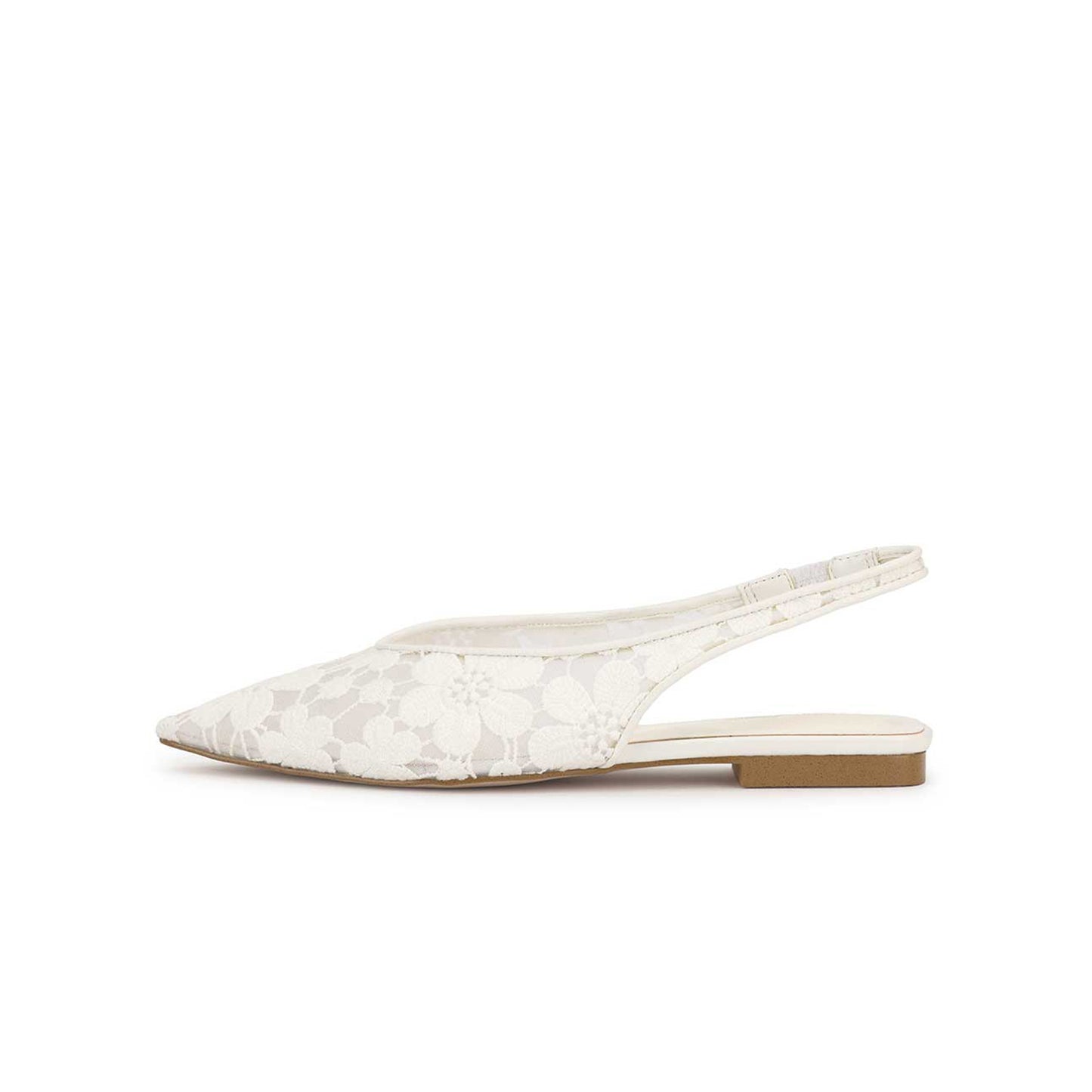 White Mesh Pointed-Toe Flowers Embroidery Back Strap Flats