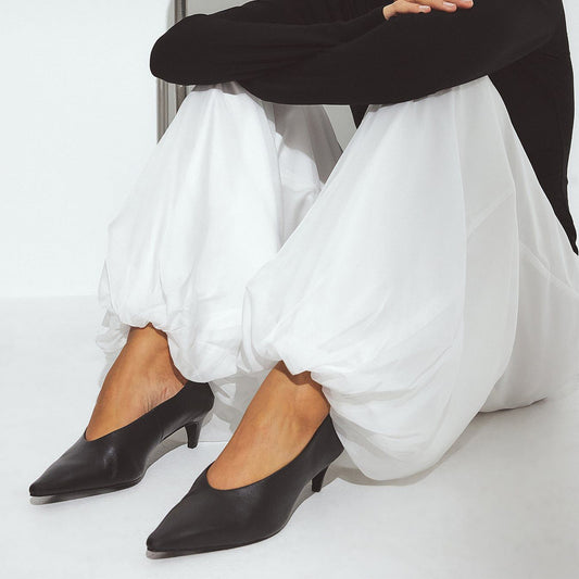 Black Pointed-Toe Slip-On Pumps Kitten Heels