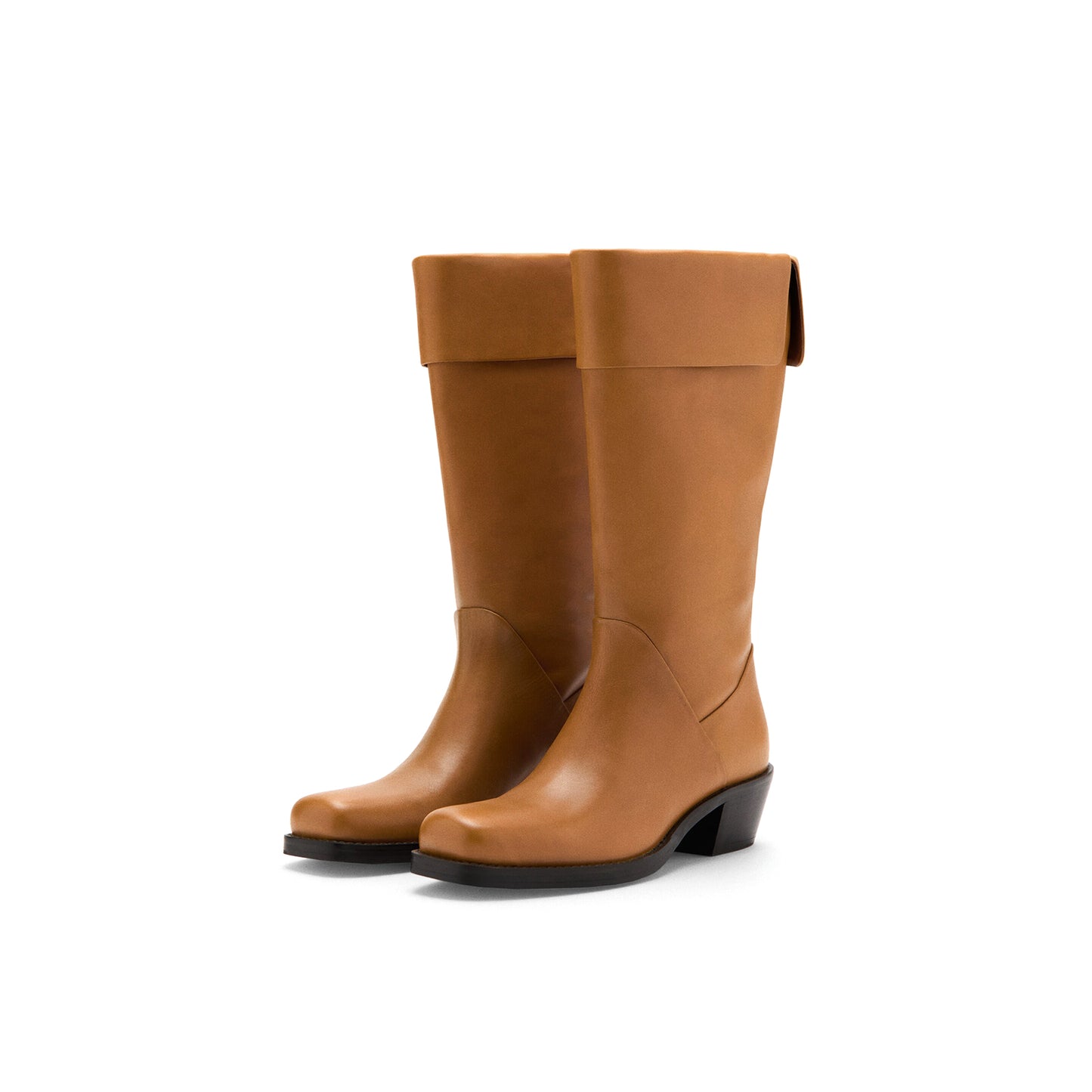 Cognac Square-Toe Simple Mid Calf Cowgirl Boots