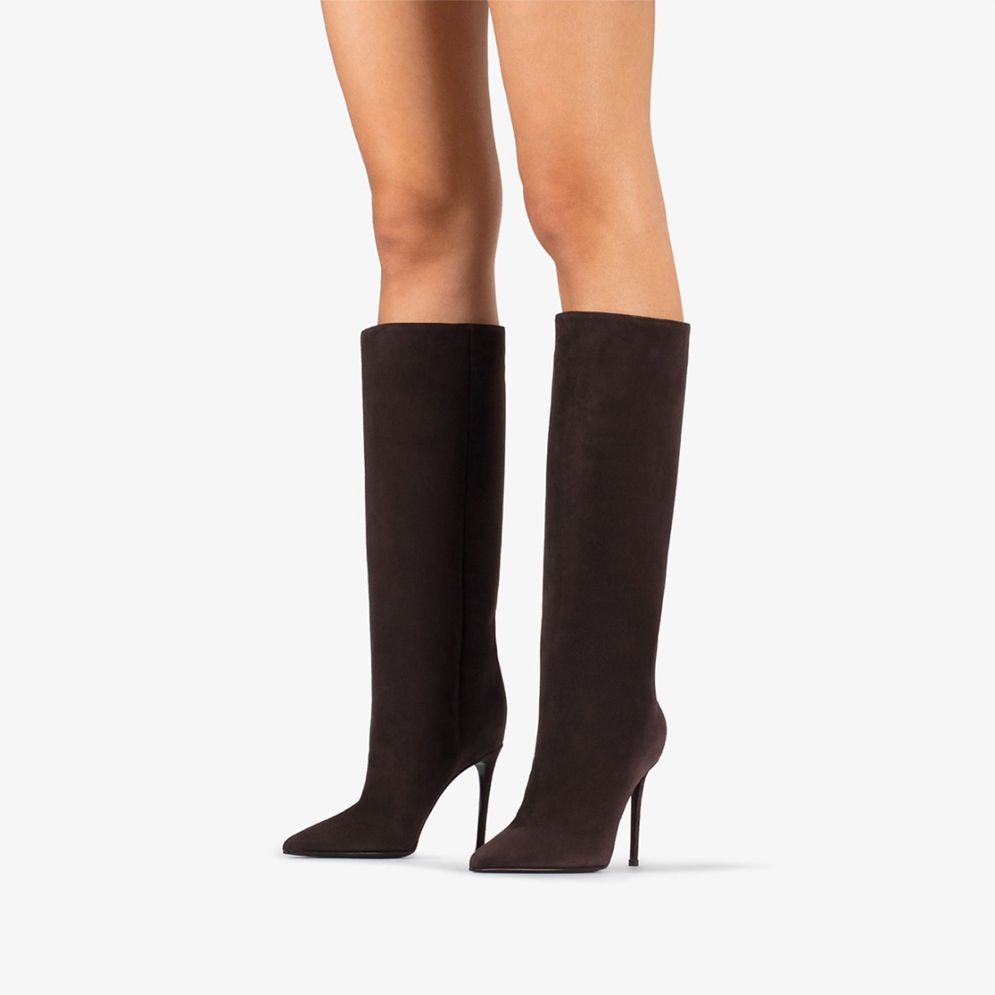 Brown Faux Suede Pointed-Toe Simple Wide Calf Knee High Tall Stiletto Boots