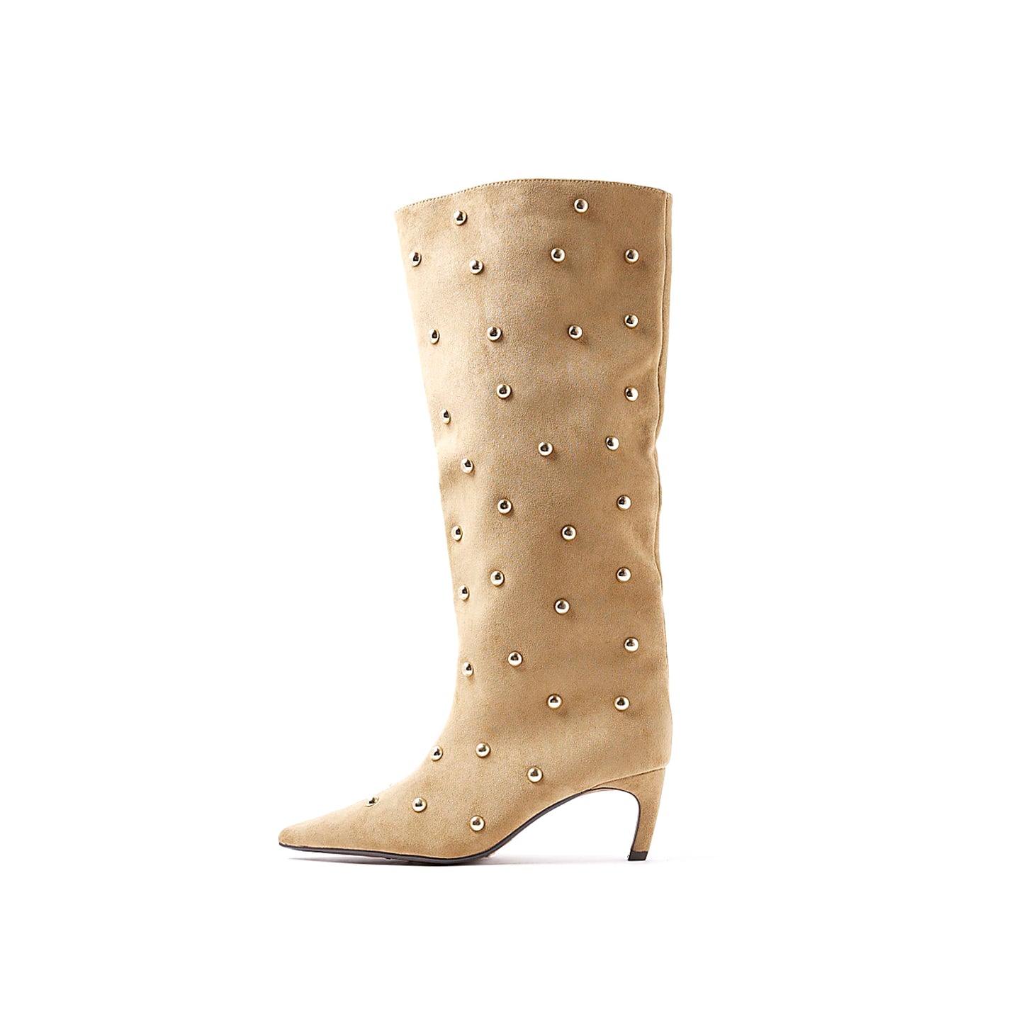 Beige Faux Suede Pointed-Toe Studded Wide Calf Knee High Stiletto Boots