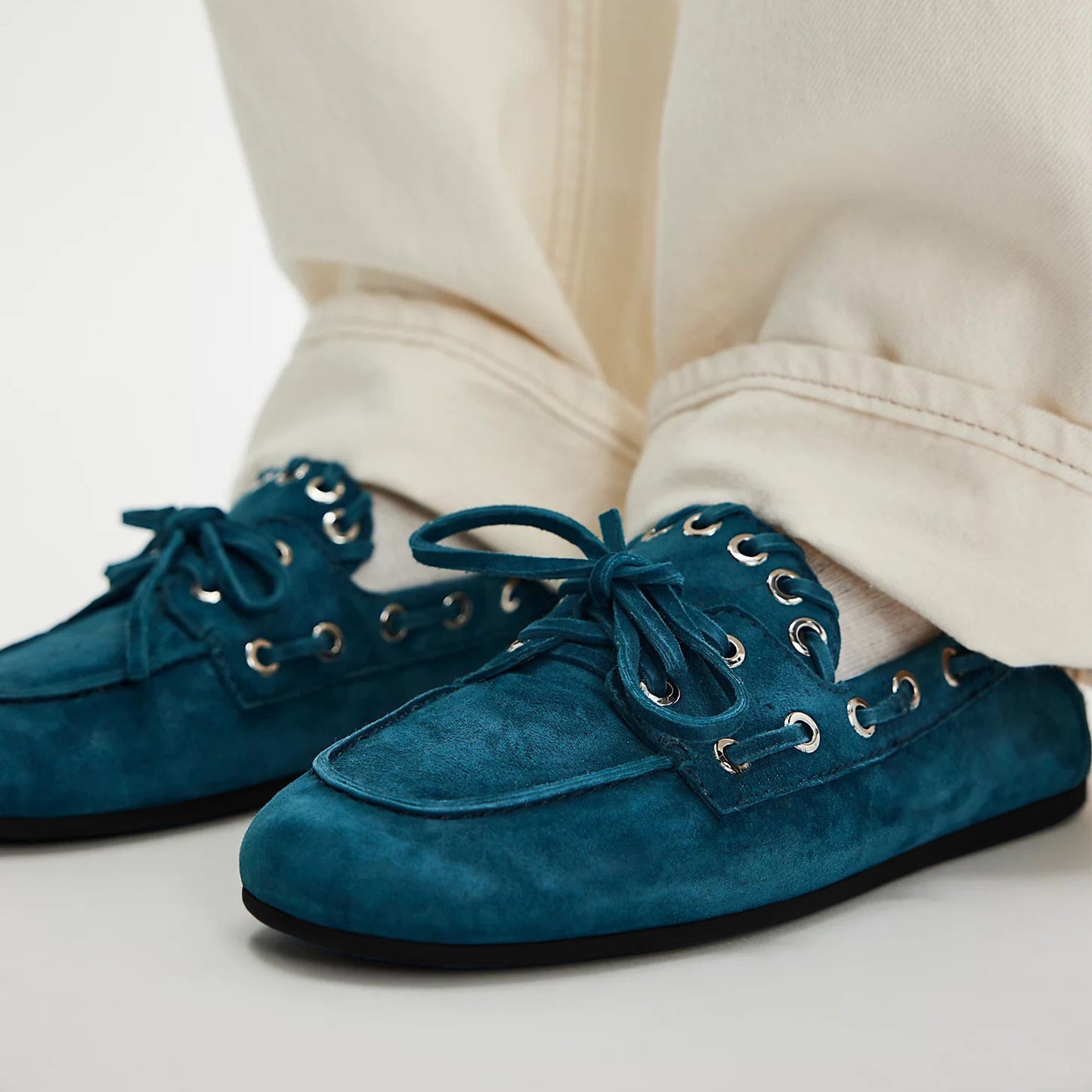 Dark Turquoise Faux Suede Round-Toe Lace-Up Boat Shoes Flats