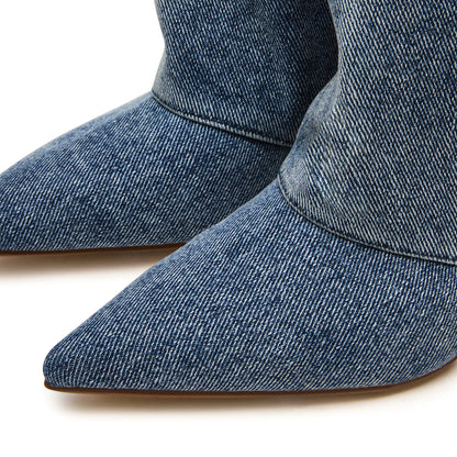 Blue Denim Pointed-Toe Wide Calf Knee High Stiletto Boots