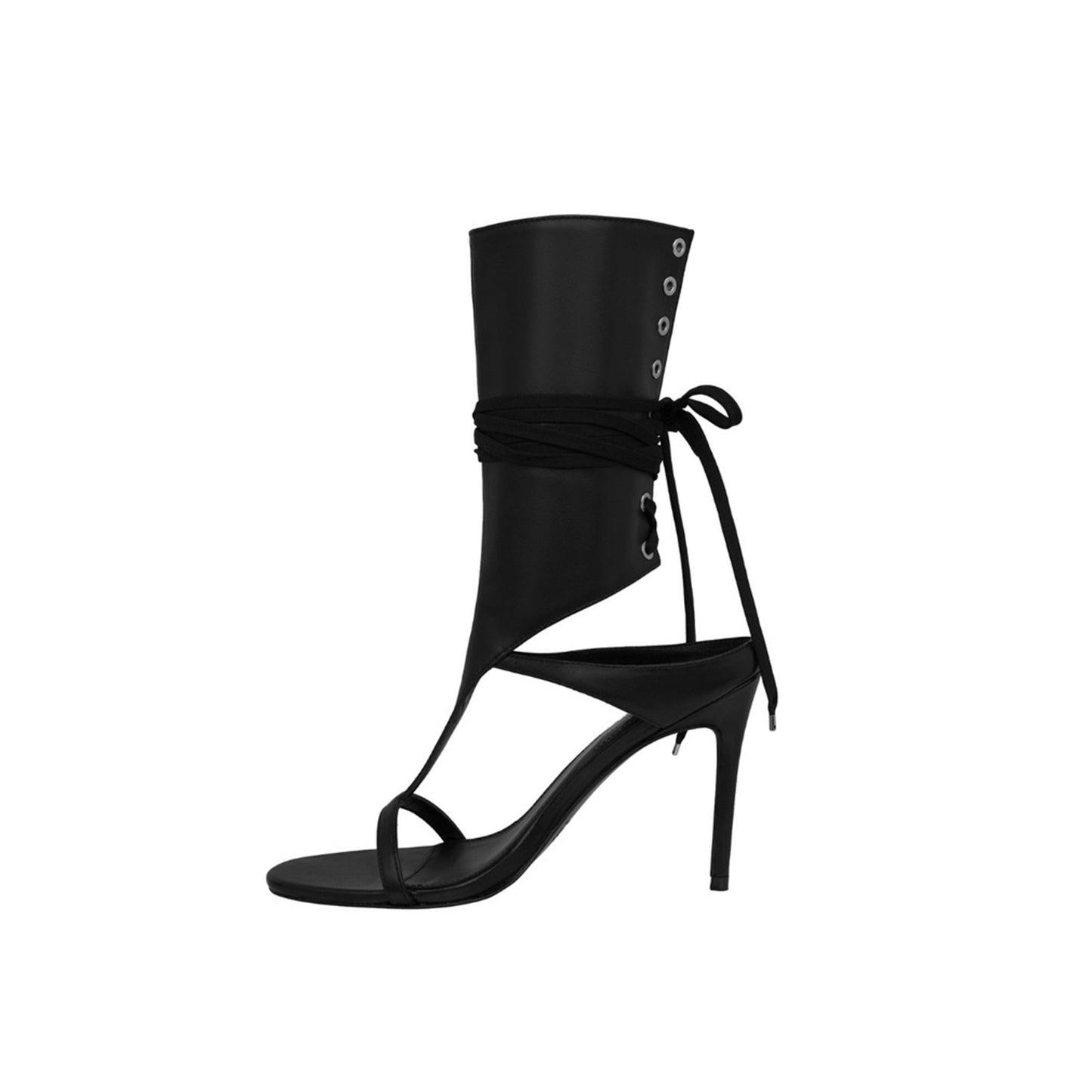 Black Open Round-Toe Back Lace-Up Shaft Stiletto High Heels