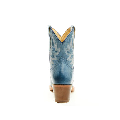 Distressed Navy Blue Almond-Toe Embroidery Ankle Cowgirl Boots