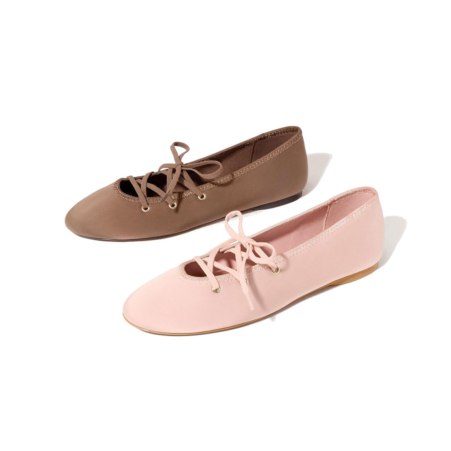 Blush Pink Satin Round-Toe Lace-Up Chic Ballet Flats