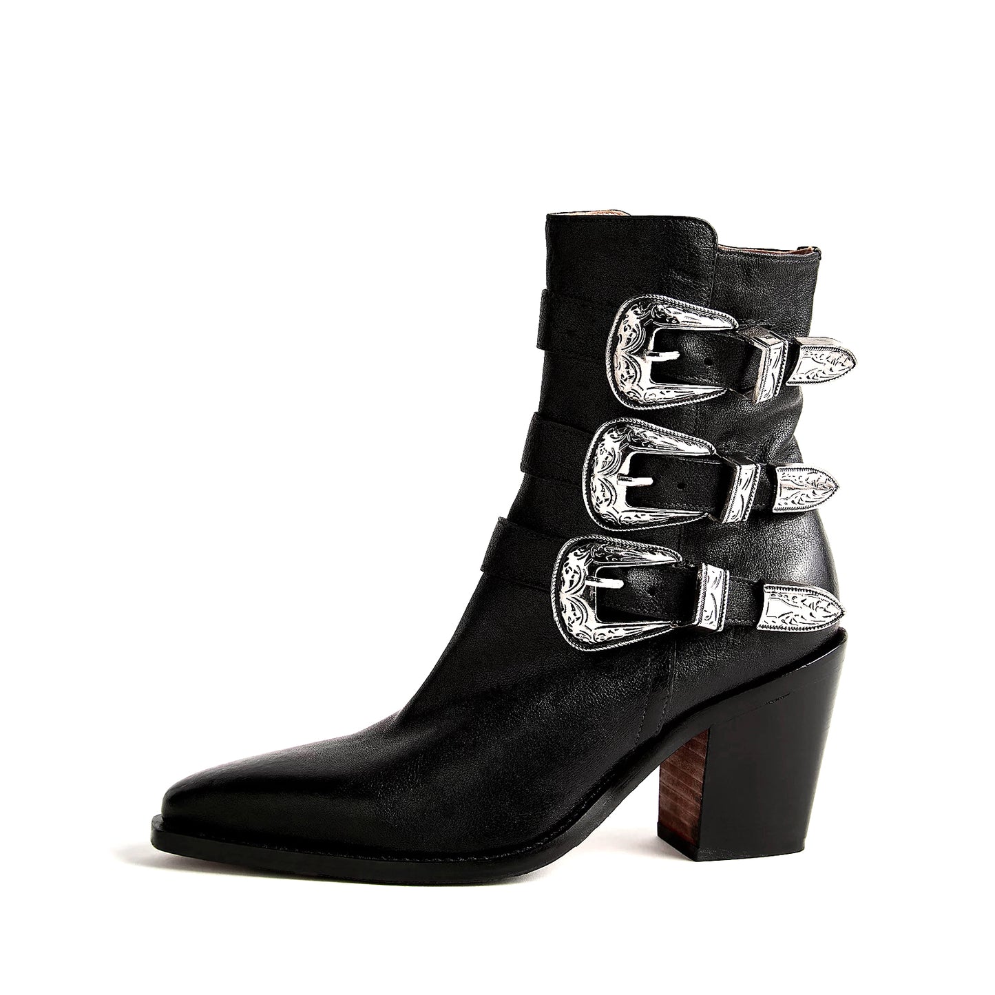 Black Pointed-Toe Three Buckle Straps Full-Zip Ankle Cowgirl Boots