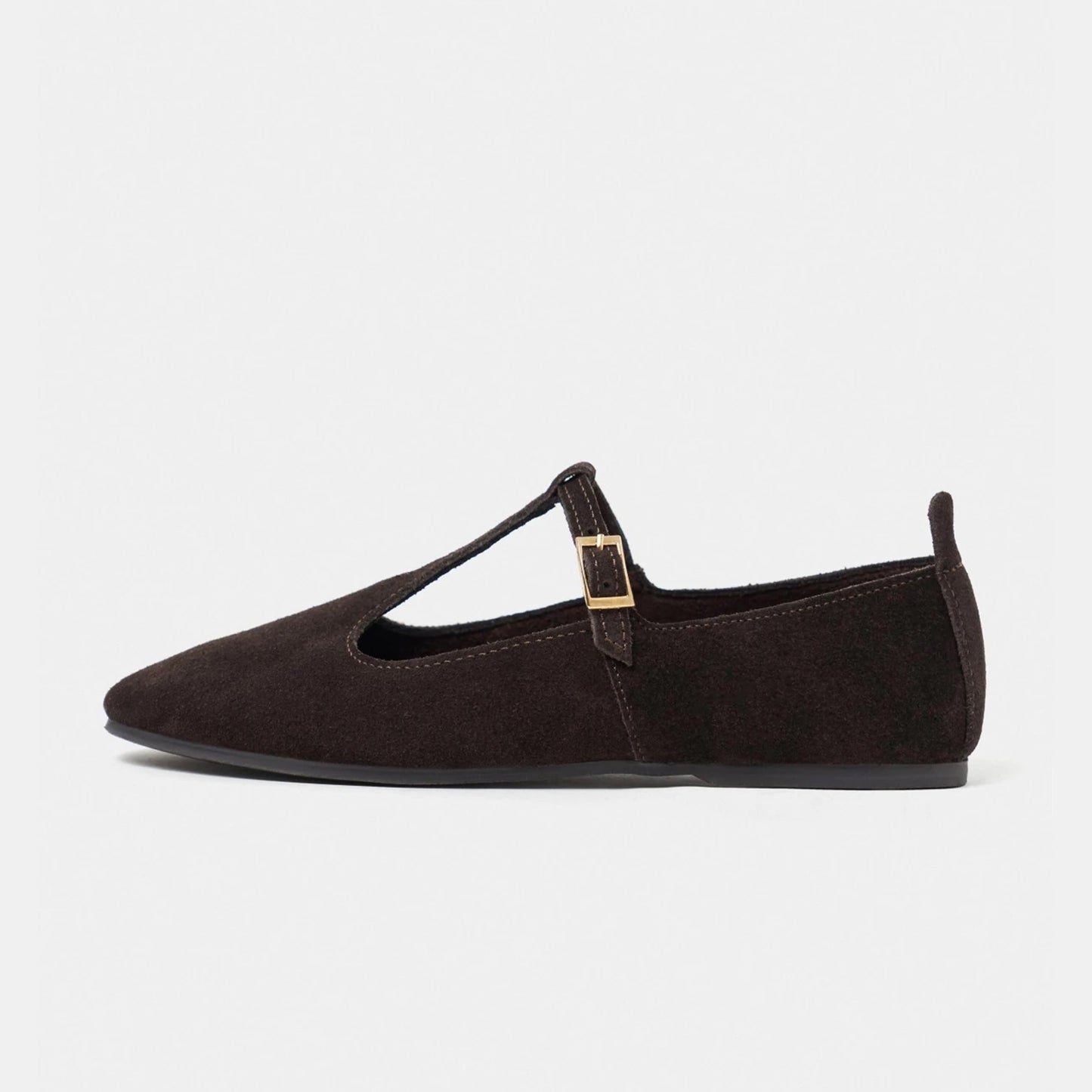 Coffee Faux Suede Round-Toe Buckle Middle Strap Simple Chic Flats