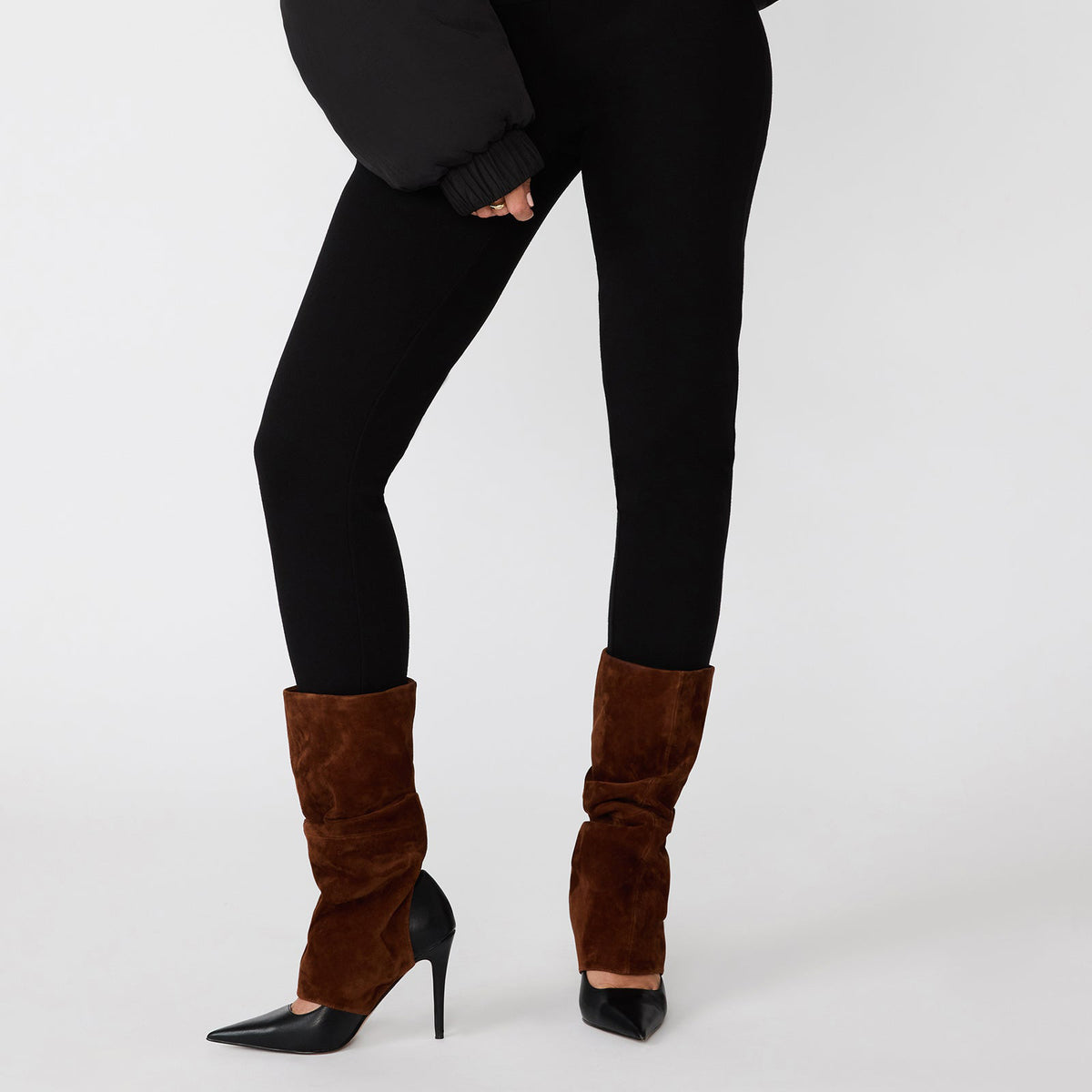 Brown Faux Suede And Black Vegan Leather Pointed-Toe Slip-On Mid Calf Stiletto Boots