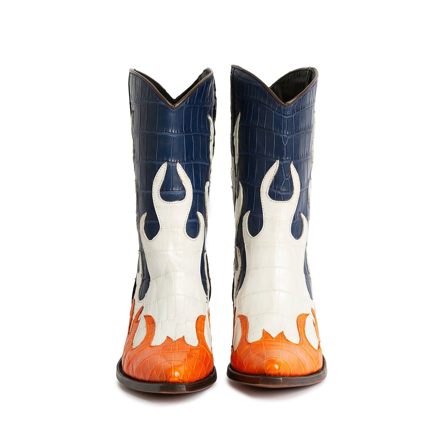 Contrast Colors Crocodile Print Pointed-Toe Flame Applique Ankle Cowgirl Boots