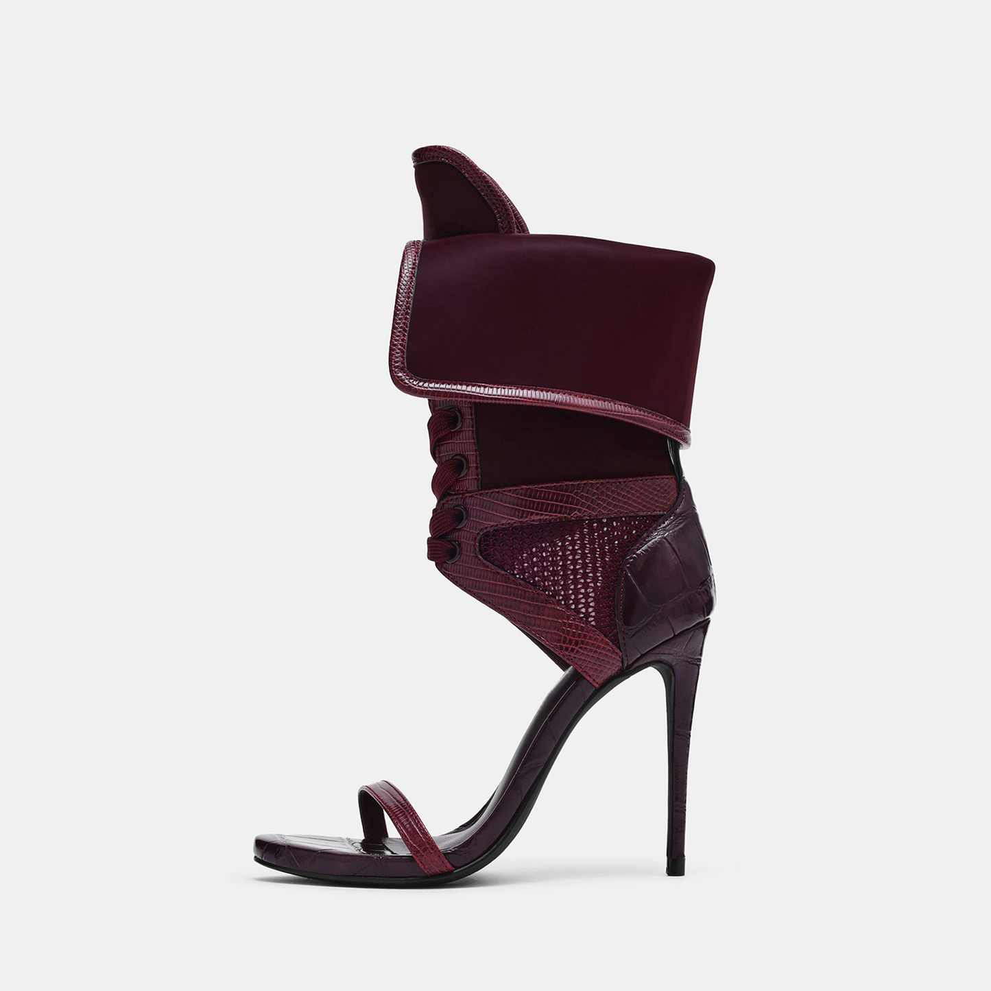 Plum Open Round-Toe Mesh And Lace-Up Shaft Back Design Stiletto High Heels