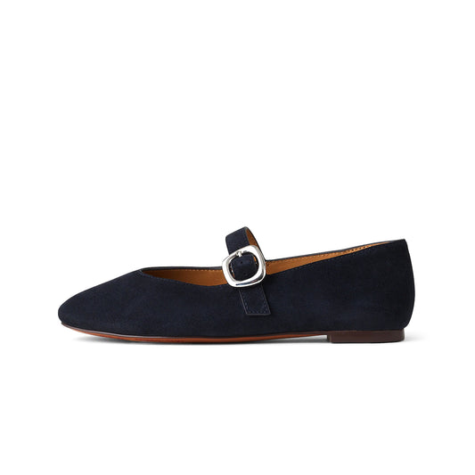 Dark Blue Faux Suede Round-Toe Buckle Bridge Strap Slip-On Flats