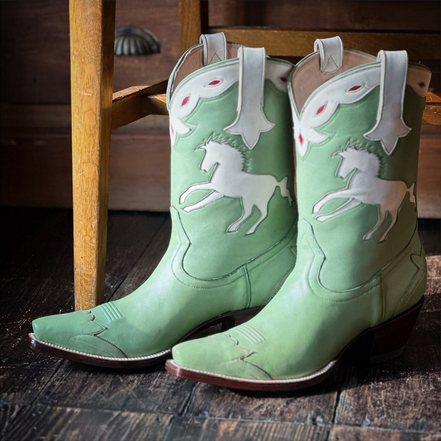 Green Snip-Toe Bone Pony Inlay Classic Ankle Cowgirl Boots