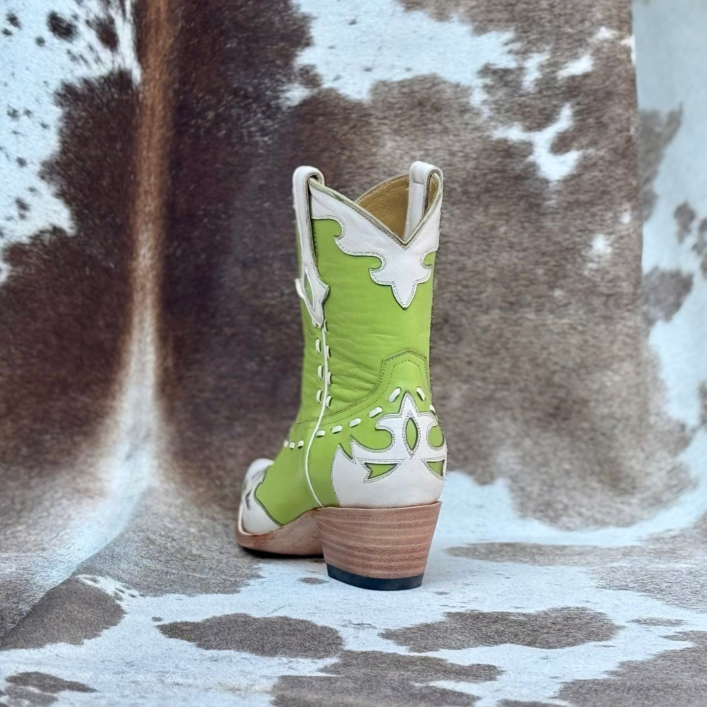 Contrast Lime And White Snip-Toe Running Stitch Ankle Cowgirl Boots