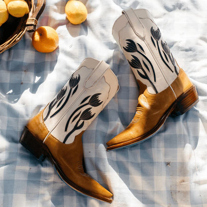 Contrast Cream And Brown Snip-Toe Navy Tulip Inlay Mid Calf Cowgirl Boots