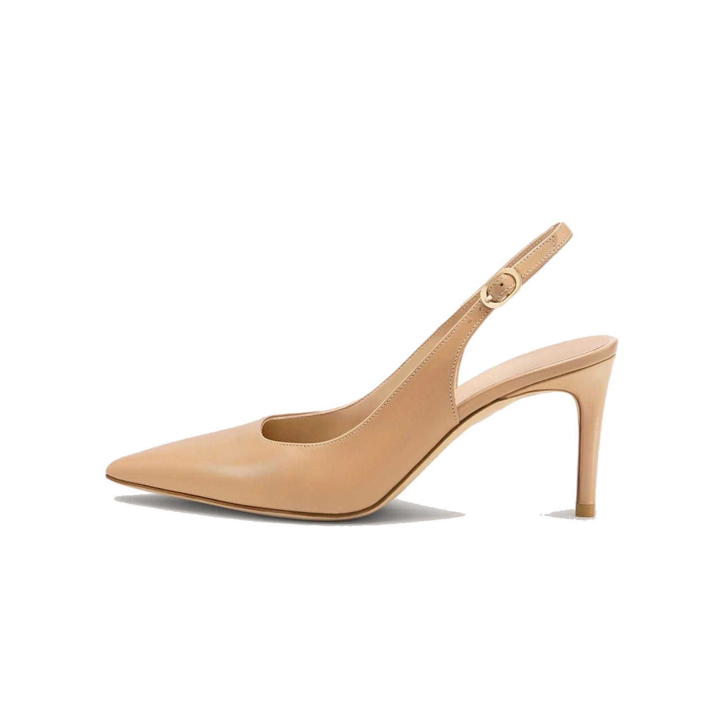 Beige Vegan Leather Pointed-Toe Classic Buckle Back Strap Kitten Heels