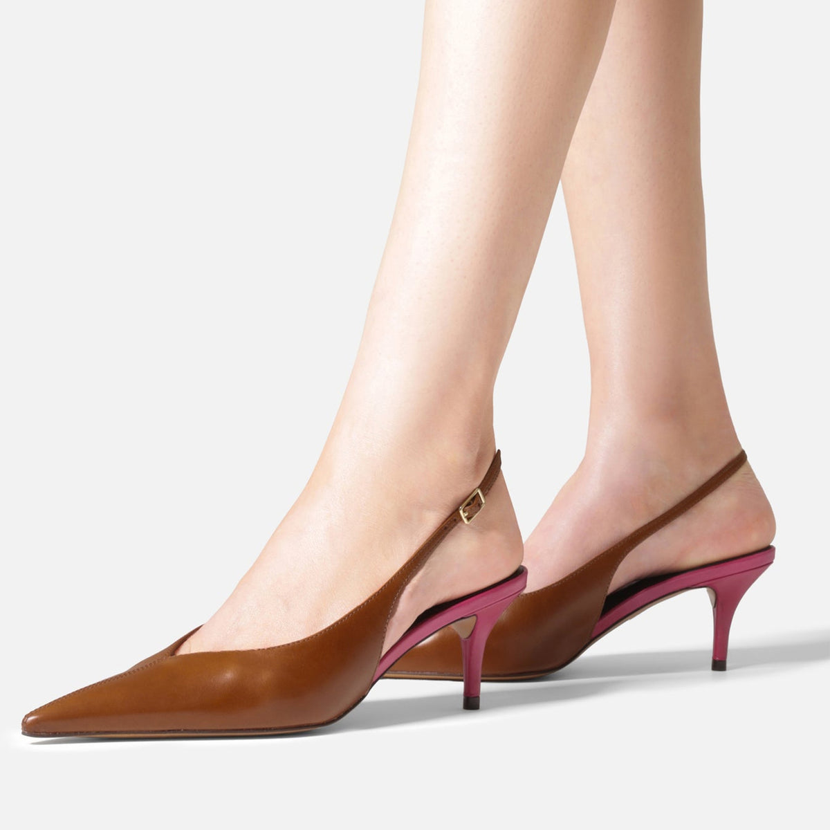 Brown Vegan Leather Pointed-Toe Buckle Back Strap Sleek Kitten Heels