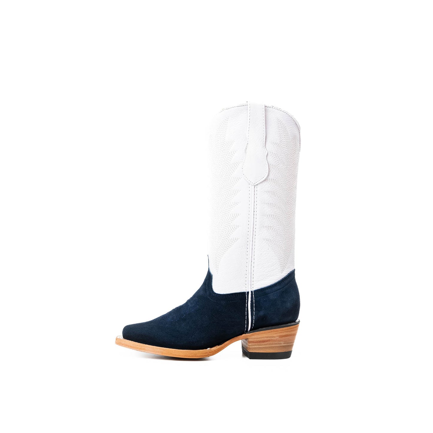 Contrast White And Navy Faux Suede Snip-Toe Embroidery Mid Calf Cowgirl Boots