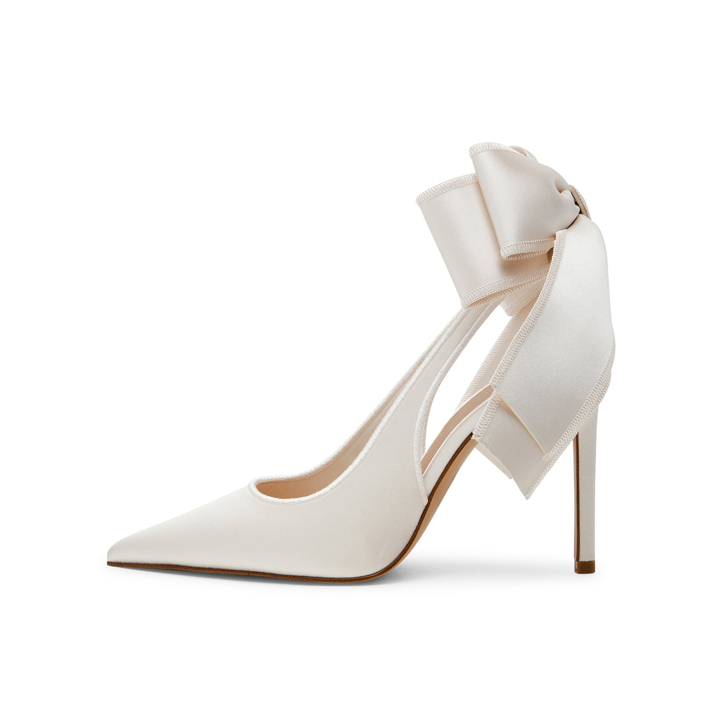 Ivory Satin Pointed-Toe Slingback High Heels Pumps With Big Back Bow