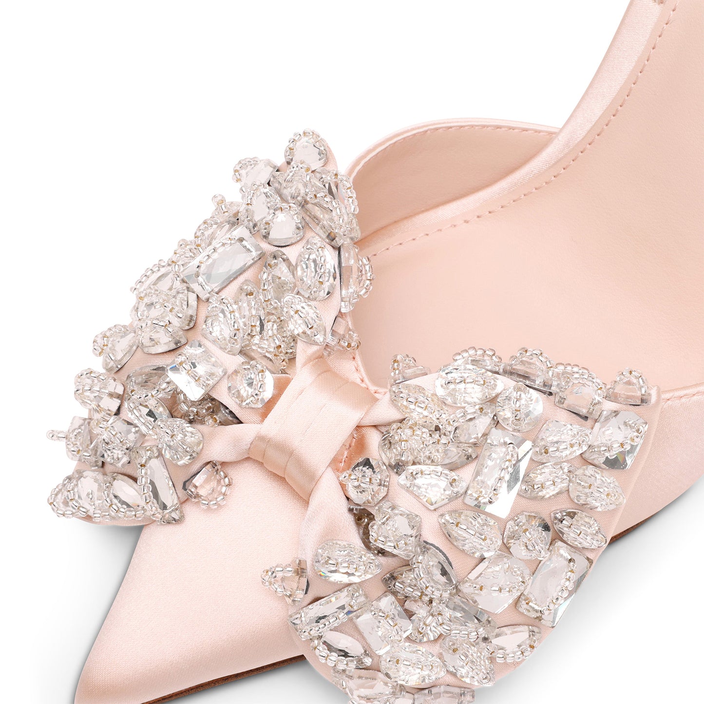 Champagne Satin Pointed-Toe Crystals Front Bow Slingback High Heels Pumps