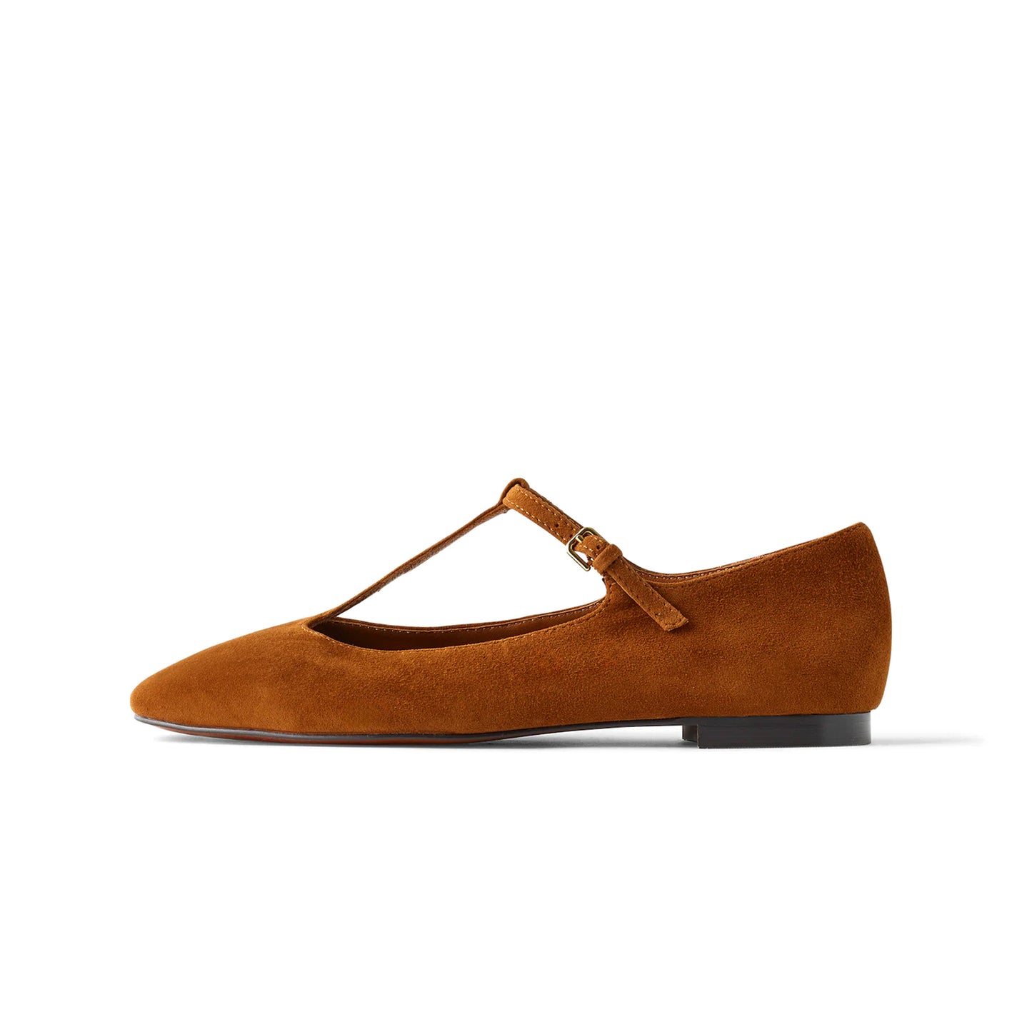 Rust Faux Suede Square-Toe Buckled T-Strap Ballet Flats