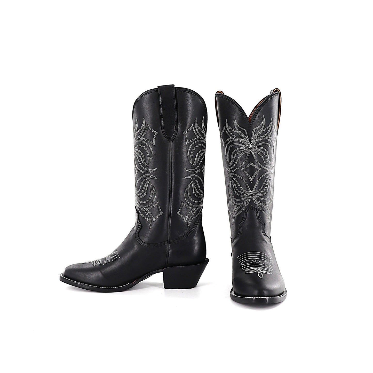 Black Round-Toe Embroidery Classic Mid Calf Cowgirl Boots