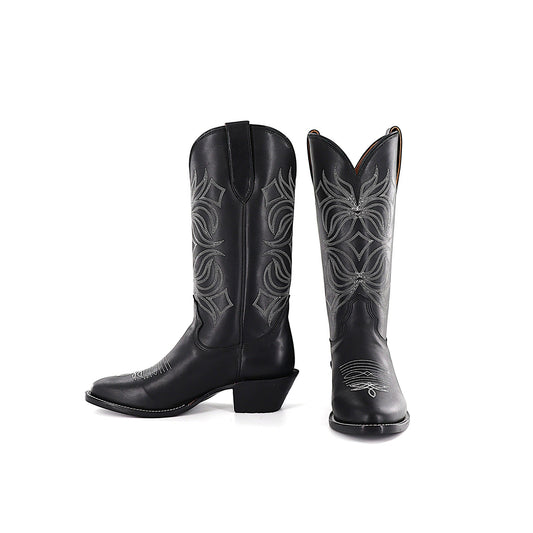 Black Round-Toe Embroidery Classic Mid Calf Cowgirl Boots