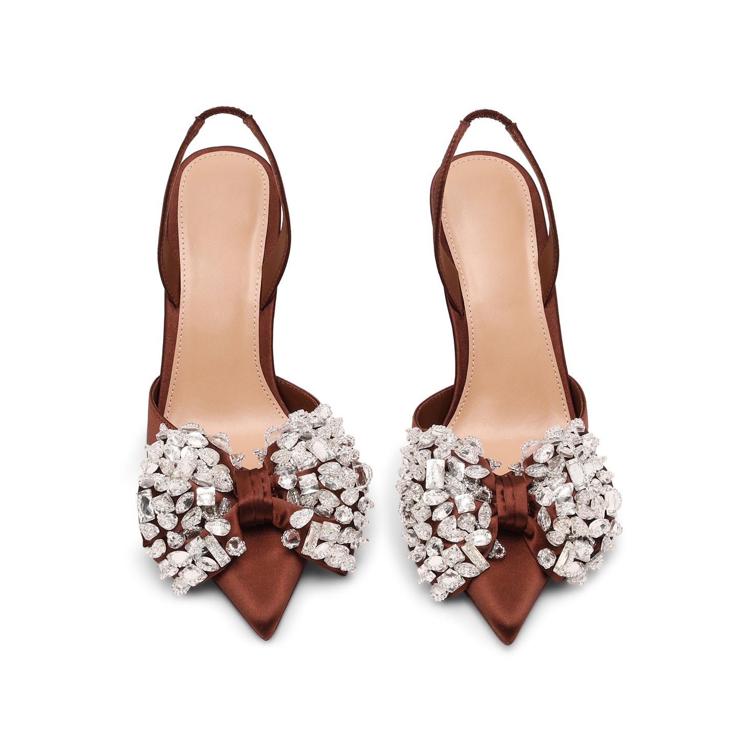 Brown Satin Pointed-Toe Crystals Front Bow Slingback High Heels Pumps