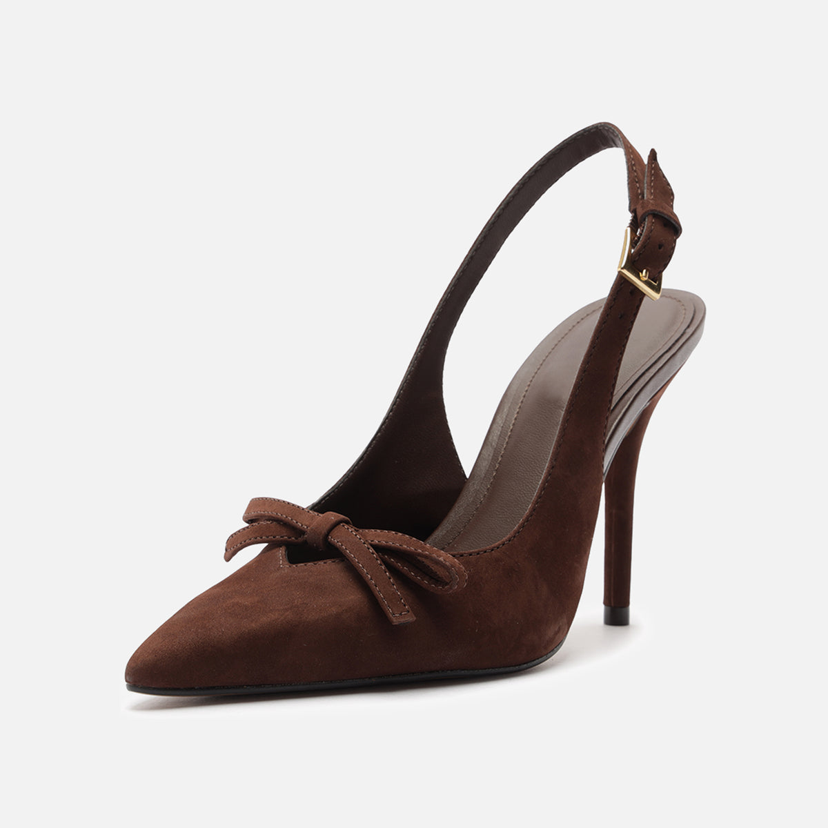 Coffee Faux Suede Pointed-Toe Front Bow Buckle Slingback High Heels