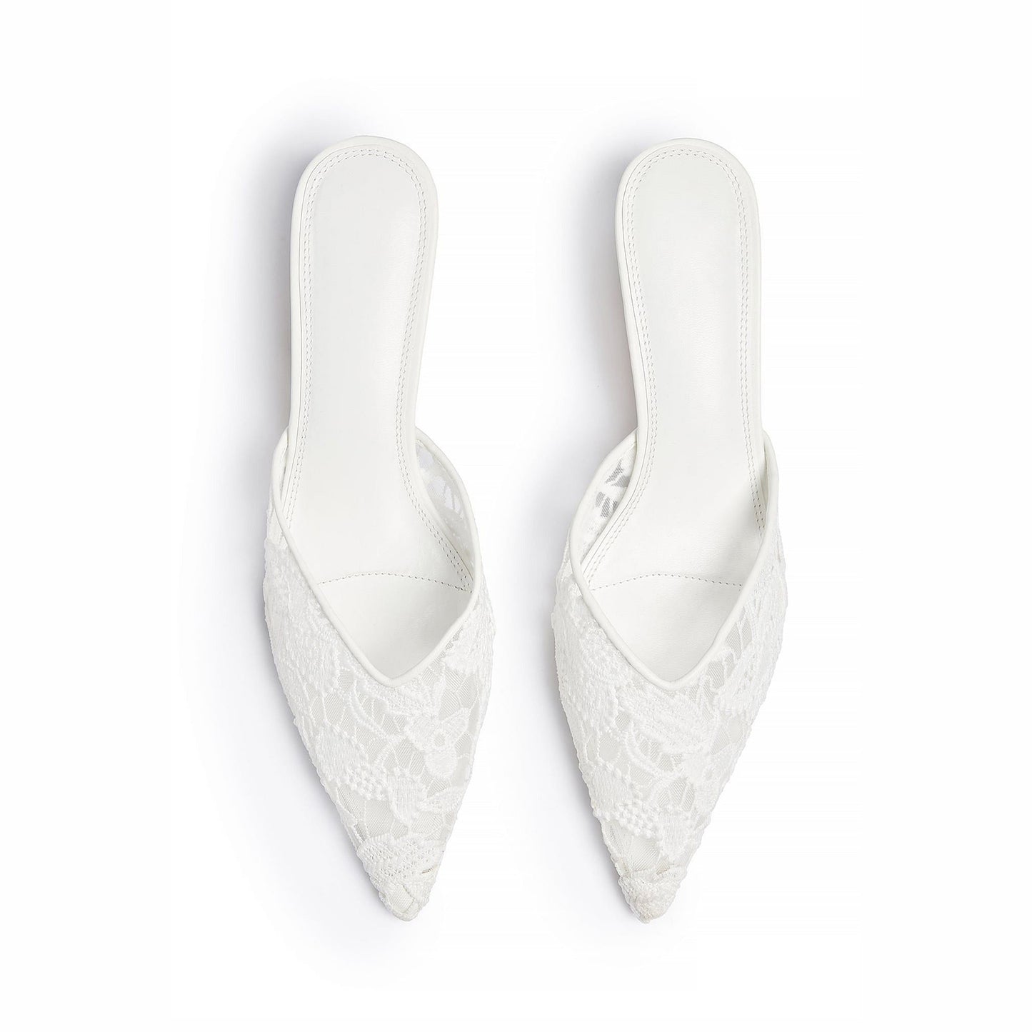 White Lace Mesh Pointed-Toe Backless Simple Kitten Heels