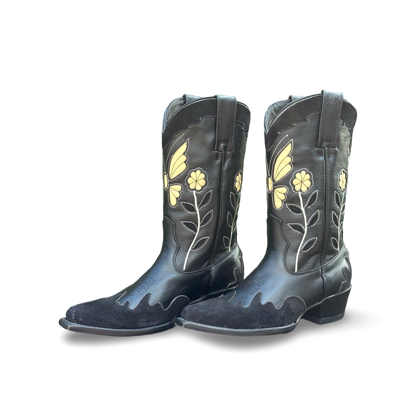 Black Snip-Toe Butterfly And Flower Inlays Mid Calf Cowgirl Boots