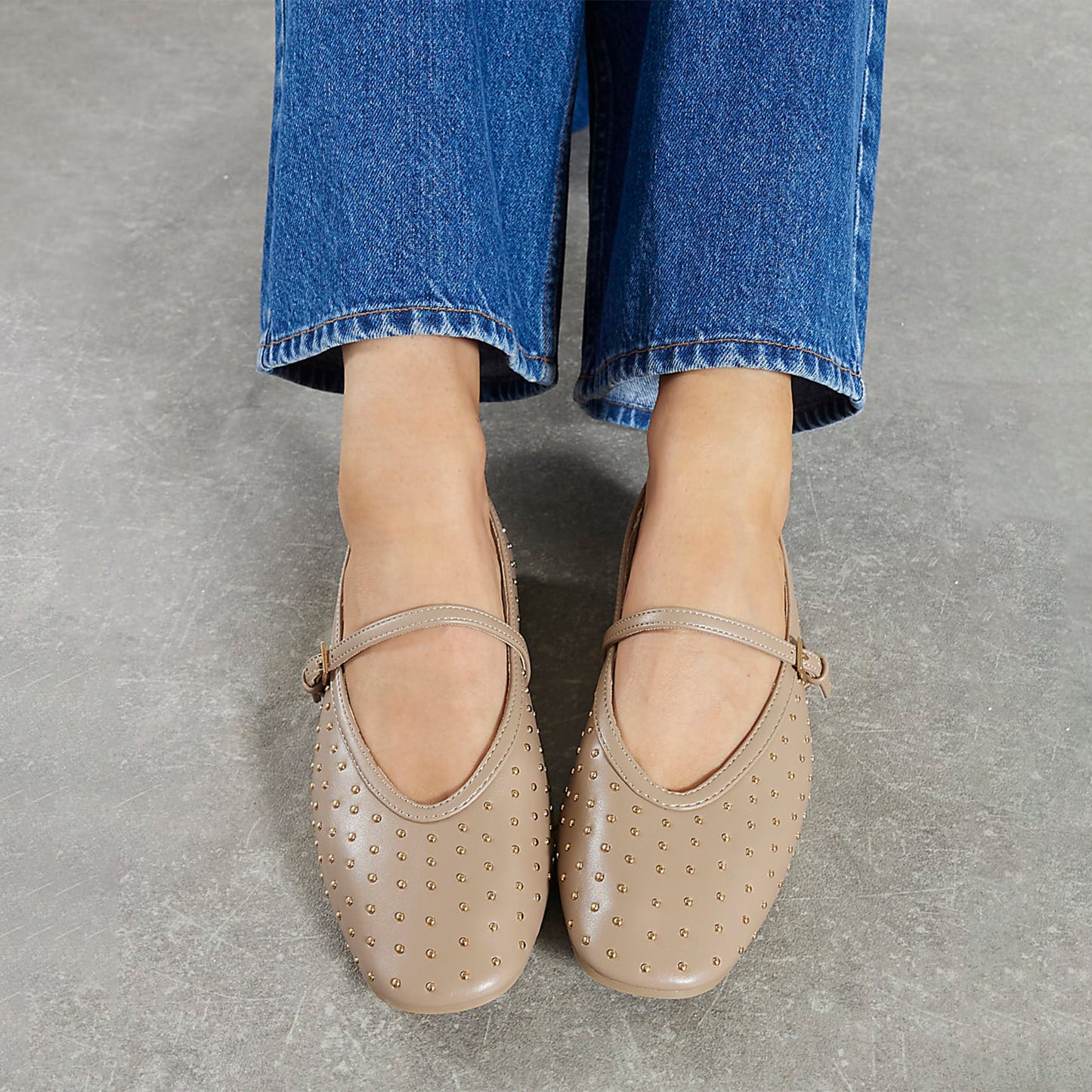 Beige Square-Toe Studded Mary Jane Ballet Flats