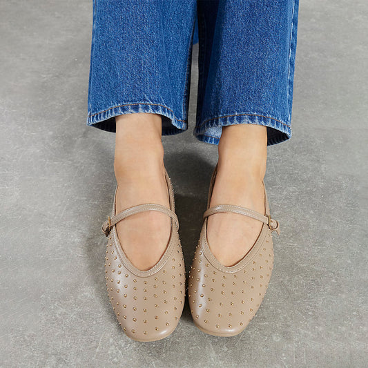 Beige Square-Toe Studded Mary Jane Ballet Flats