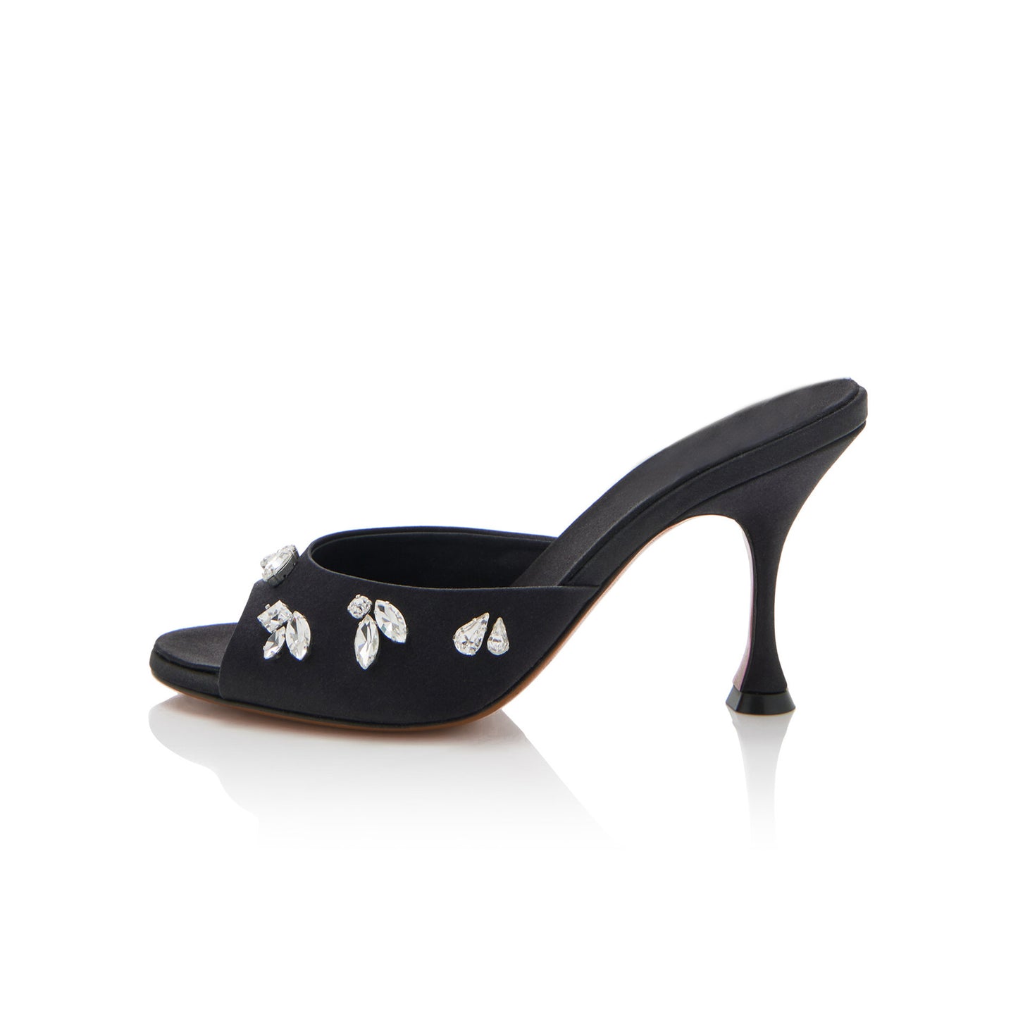 Black Satin Peep Round-Toe Front Crystals Slip-On Backless High Heels