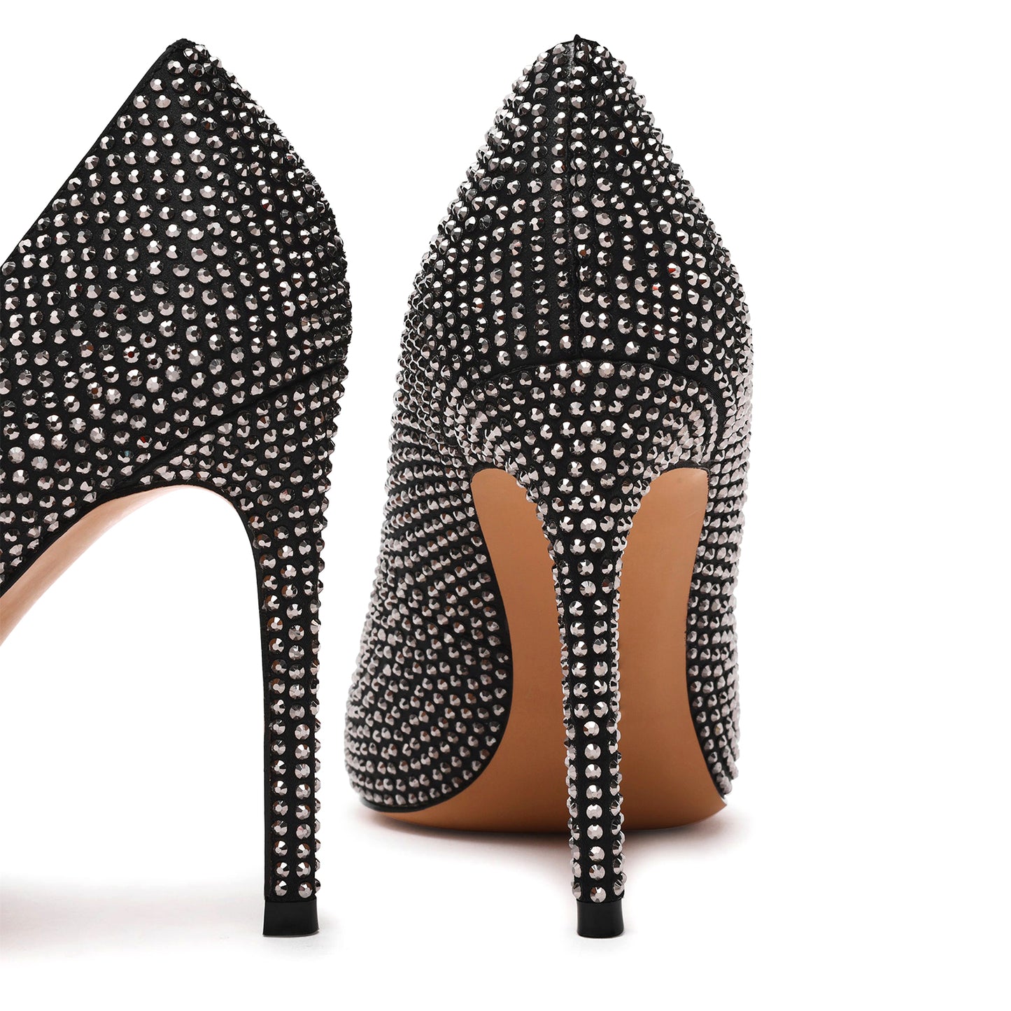 Black Satin Full Rhinestones Pointed-Toe Classic Slingback High Heels