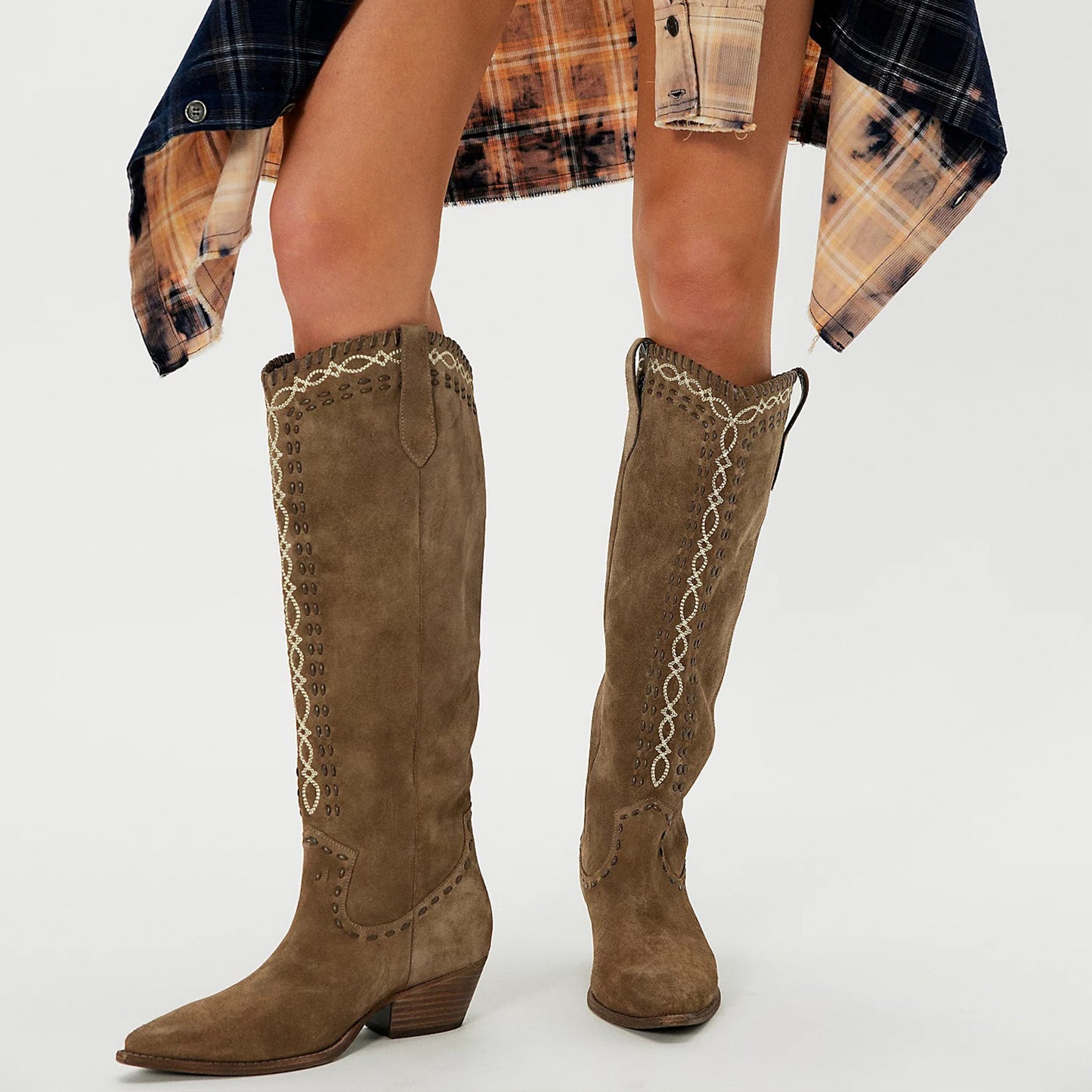 Taupe Almond-Toe Running Stitch And Embroidery Wide Calf Knee High Cowgirl Boots