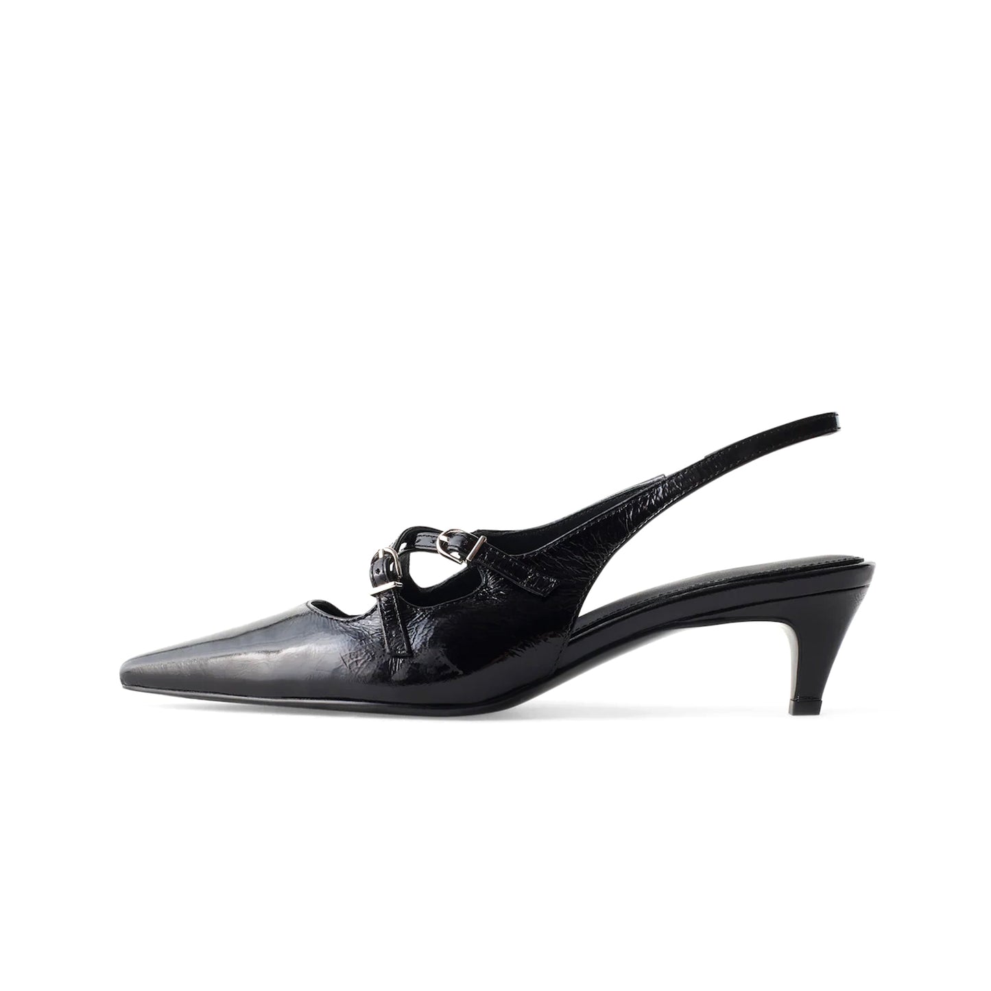 Patent Black Pointed-Toe Cross Straps Slingback Kitten Heels