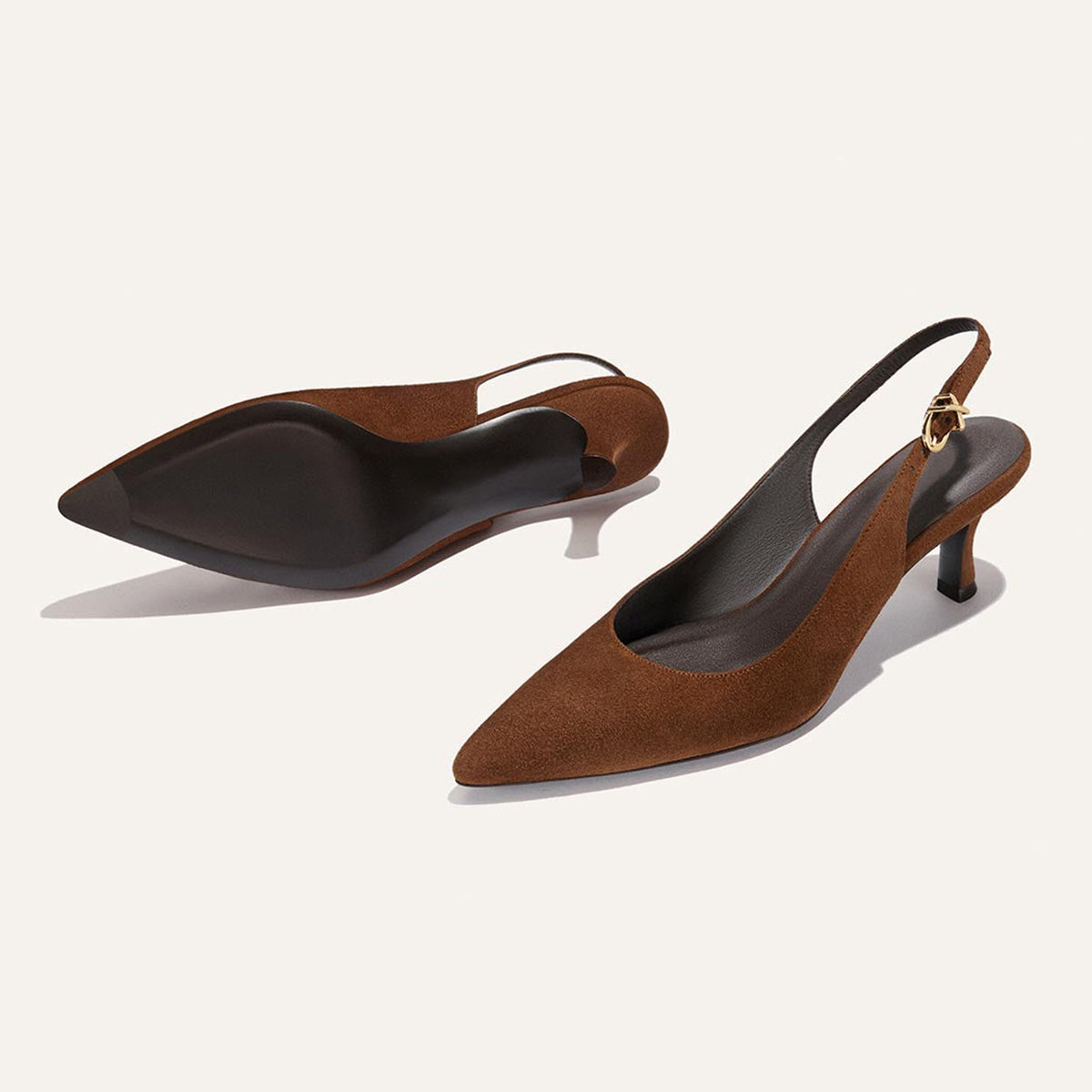 Dark Brown Faux Suede Pointed-Toe Chic Back Strap Kitten Heels
