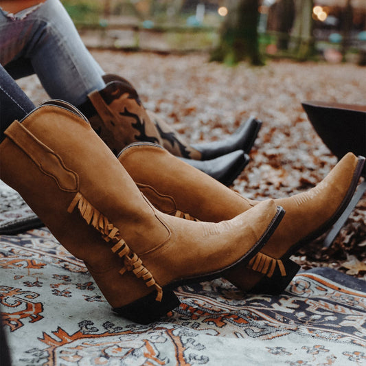 Cognac Faux Suede Snip-Toe Short Fringe Mid Calf Cowgirl Boots