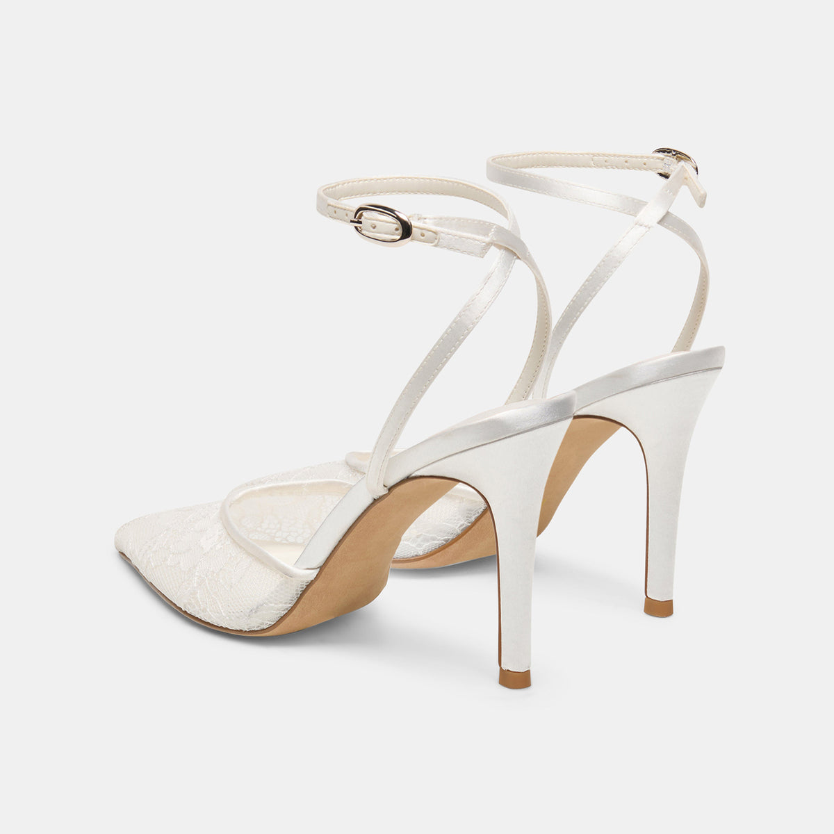 White Lace Mesh Pointed-Toe Satin Back Strap Kitten Heels