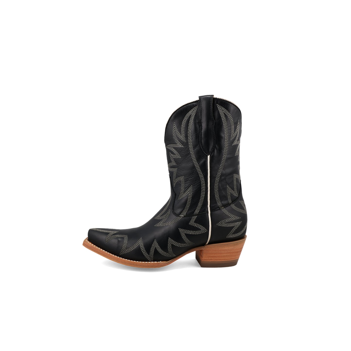 Black Snip-Toe White Embroidery Ankle Cowgirl Boots